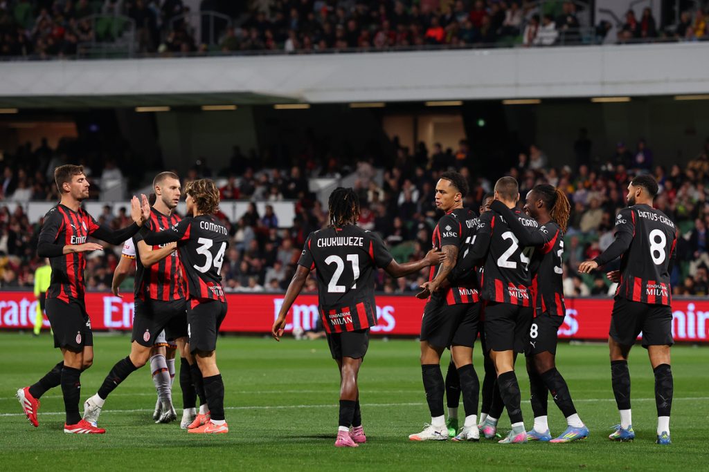 PERTH, AUSTRALIA - JULY 31: AC Milan celebrate a goal during the match between Perth Glory and AC Milan at HBF Park on July 31, 2025 in Perth, Australia. (Photo by Paul Kane/Getty Images)