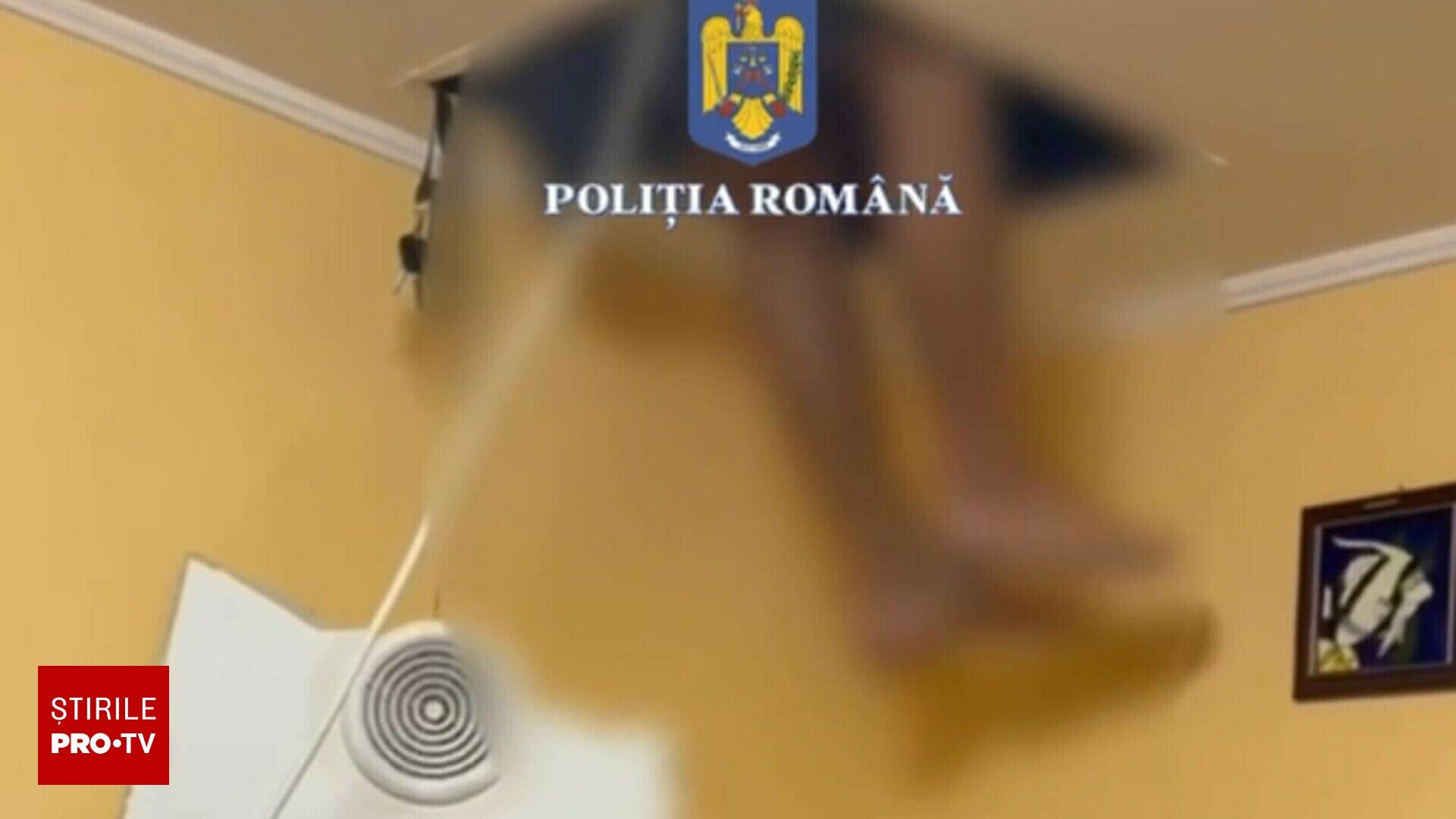 O persoană urmărită de către Poliția din București s-a refugiat într-un spațiu ascuns de deasupra tavanului atunci când trupele speciale au sosit pentru a-l aresta. Înregistrare video