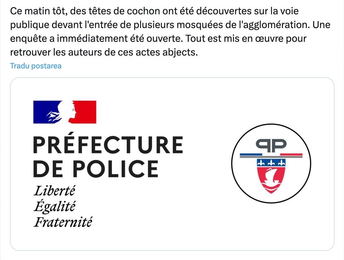 [ad_1] Prefectul poliției din Paris, Laurent Nuñez, a anunțat că mai multe capete de porc au fost găsite în fața unor moschei din zona pariziană