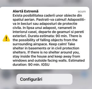 Tulcea: Avertizare RO-Alert pentru nordul județului din cauza pericolului de cădere a obiectelor din aerea noastră”