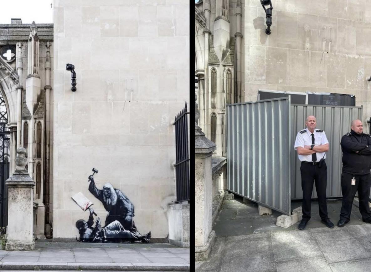 Angajații Curții Regale de Justiție au acoperit cu un material muralul artistului Banksy, care ilustra un judecător lovind un protestatar cu ciocanul / Poliția a interceptat aproape 900 de persoane în weekend pentru implicarea în activități ale grupului Palestine Action