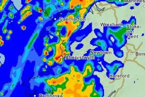 Harta meteo a biroului national de prognoza meteo arata zonele din Wales care urmeaza sa fie lovite cel mai puternic in aceasta saptamana