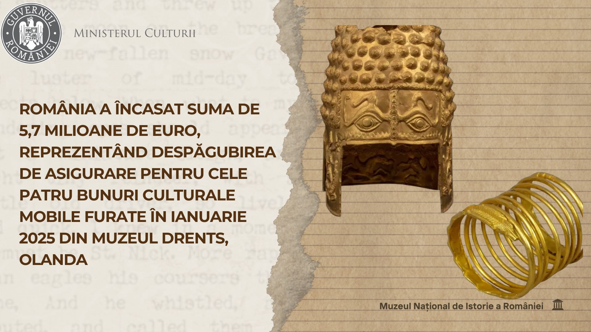 [ad_1] Muzeul Național de Istorie a României a confirmat recent plata integrală a poliței de asigurare, în valoare de 5.700.000 de euro, pentru cele patru artefacte sustrase, printre care se numără Coiful dacic de la Coțofenești și trei brățări