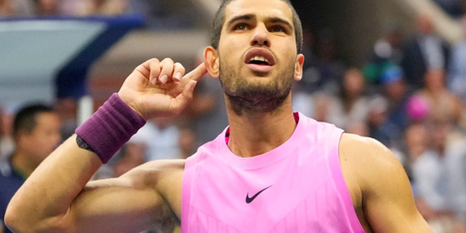 Carlos Alcaraz, of Spain, reacts after scoring a point against Jannik Sinner, of Italy, during the men's singles final of the U.S. Open tenn