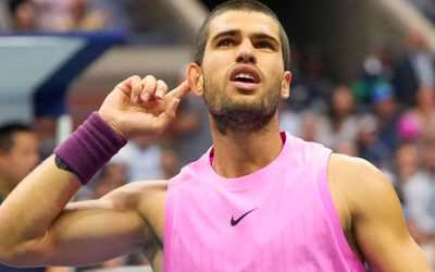 Carlos Alcaraz, of Spain, reacts after scoring a point against Jannik Sinner, of Italy, during the men's singles final of the U.S. Open tenn