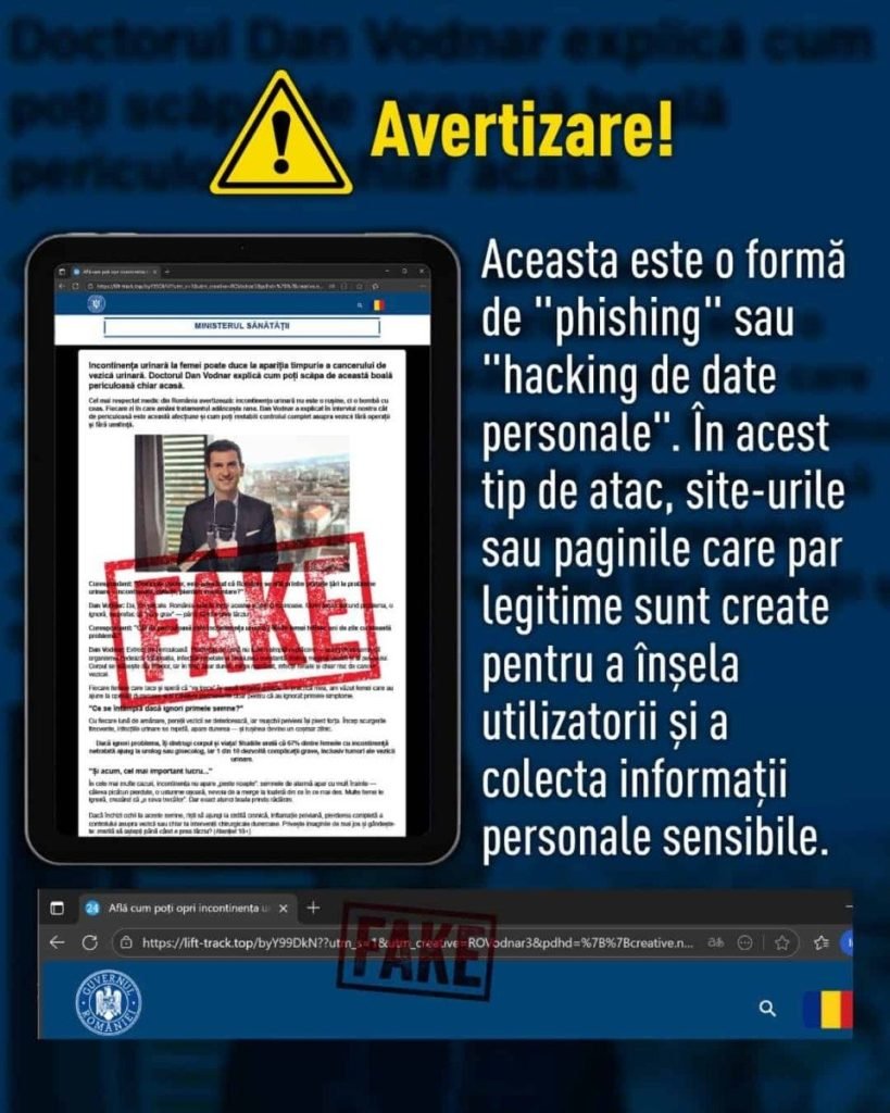 Imagine a președintelui Senatului Universității de Științe Agricole din Cluj utilizată într-o acțiune de phishing pentru promovarea medicamentului „Uricystin”, iar acesta neagă implicarea în campanie și recomandarea produsului