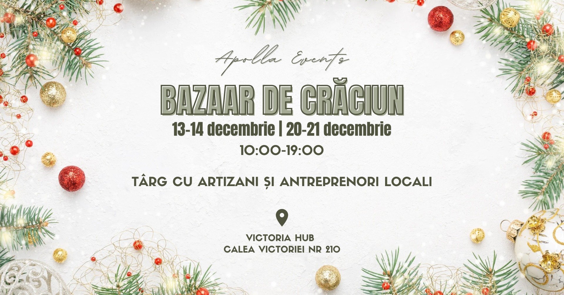 Târg de Crăciun, programat pentru 13-14 și 20-21 decembrie. Programul evenimentului disponibil pe site.