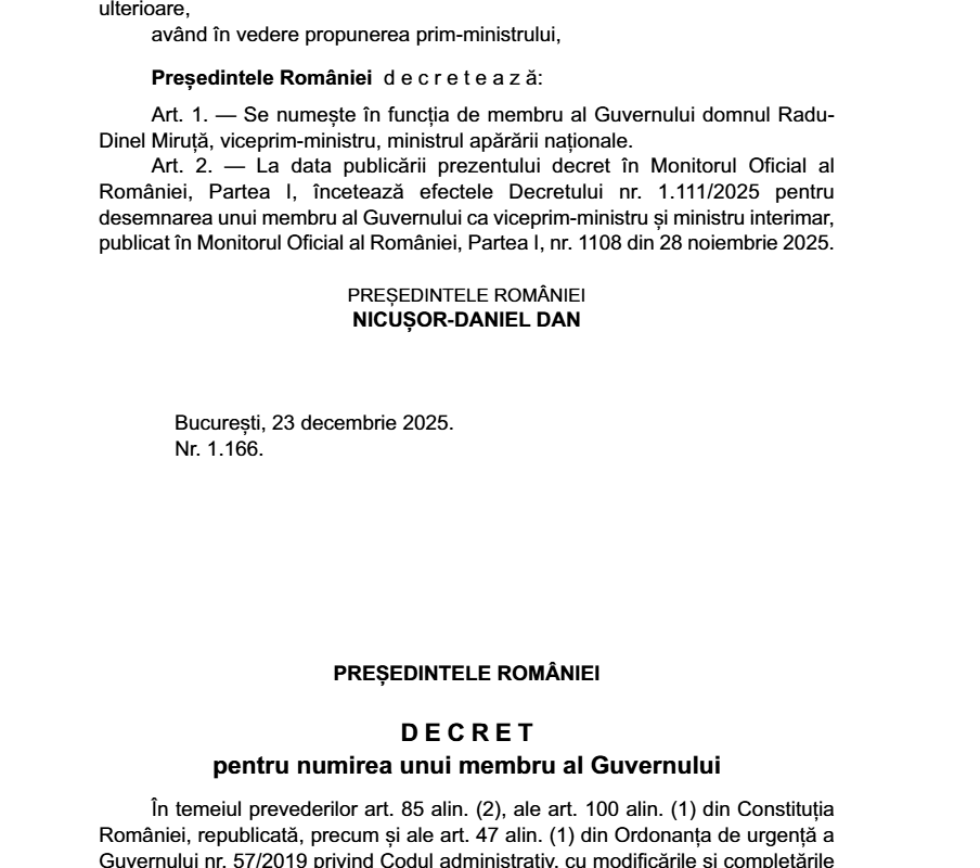 Anunțuri despre numirea noilor miniștri de la Apărare și Economie