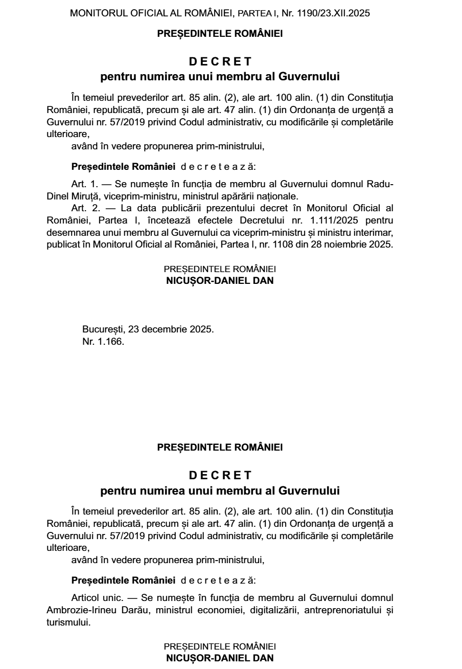 Anunțuri despre numirea noilor miniștri de la Apărare și Economie au fost publicate în Monitorul Oficial.
