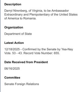 Confirmarea lui Darryl Nirenberg ca ambasador al Statelor Unite la Bucuresti a fost anuntata / Comunicatul Ambasadei