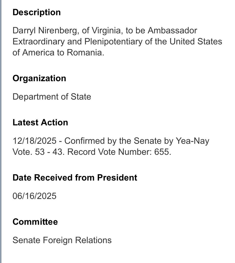 [ad_1] Darryl Nirenberg, propunerea lui Donald Trump din iunie pentru rolul de ambasador în România, a primit confirmarea pentru această poziție prin votul Senatului.”Felicităm pe Darryl Nirenberg pentru aprobarea în rolul de ambasador al Statelor Unite în România