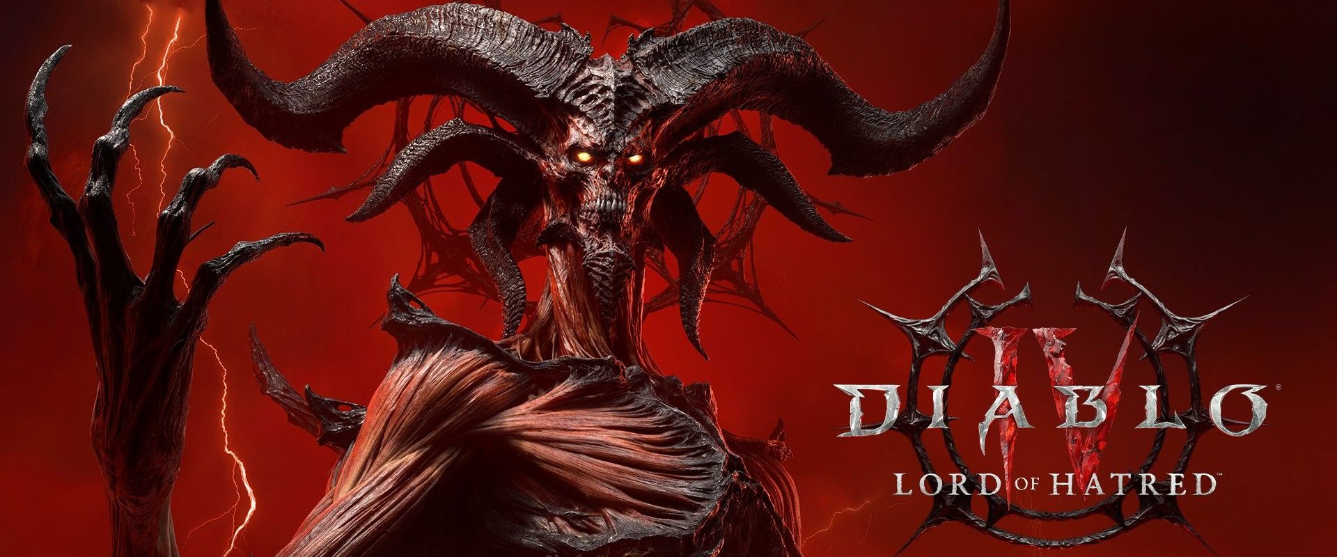 Demonic creature with large horns on a red background, text reads 'Diablo 4 Lord of Hatred'