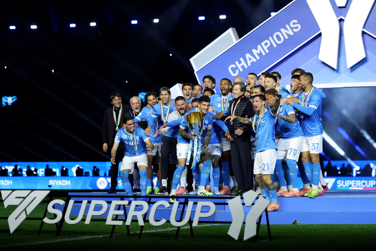 RIYADH, SAUDI ARABIA - DECEMBER 22: Giovanni Di Lorenzo of SSC Napoli lifts the Supercoppa Italiana trophy after the team