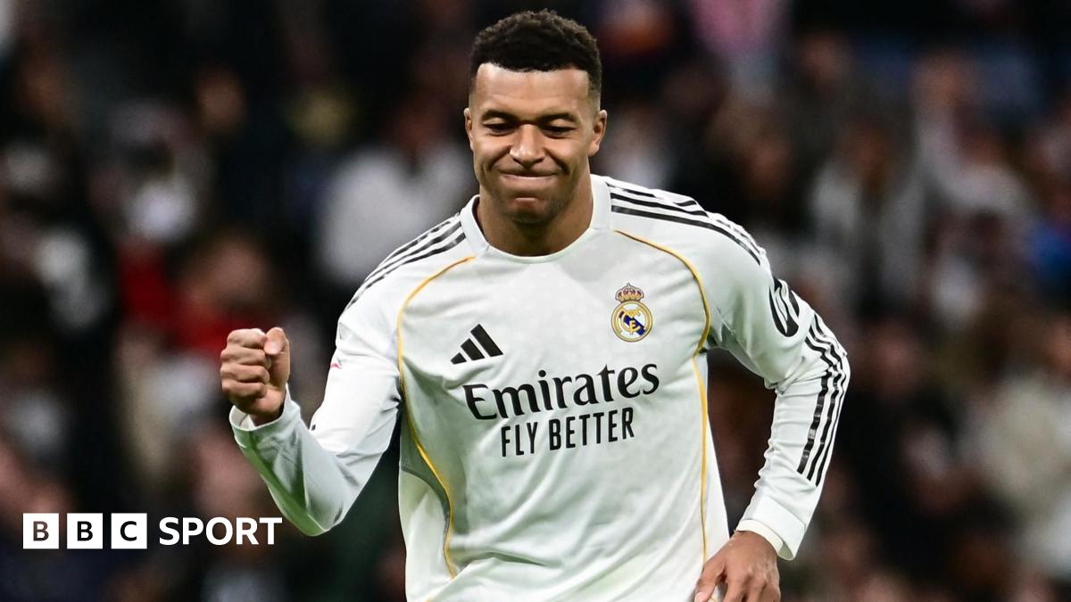 Kylian Mbappe celebrates scoring from the penalty spot for Real Madrid against Sevilla