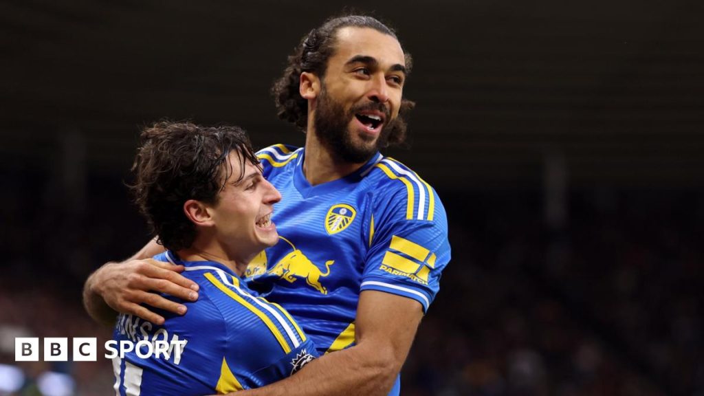 Dominic Calvert-Lewin of Leeds United celebrates scoring his team's second goal with teammate Brenden Aaronson