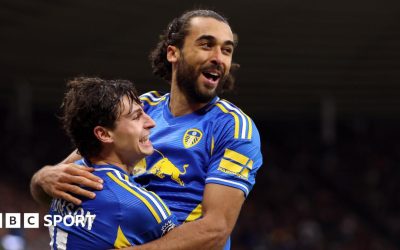 Dominic Calvert-Lewin of Leeds United celebrates scoring his team's second goal with teammate Brenden Aaronson
