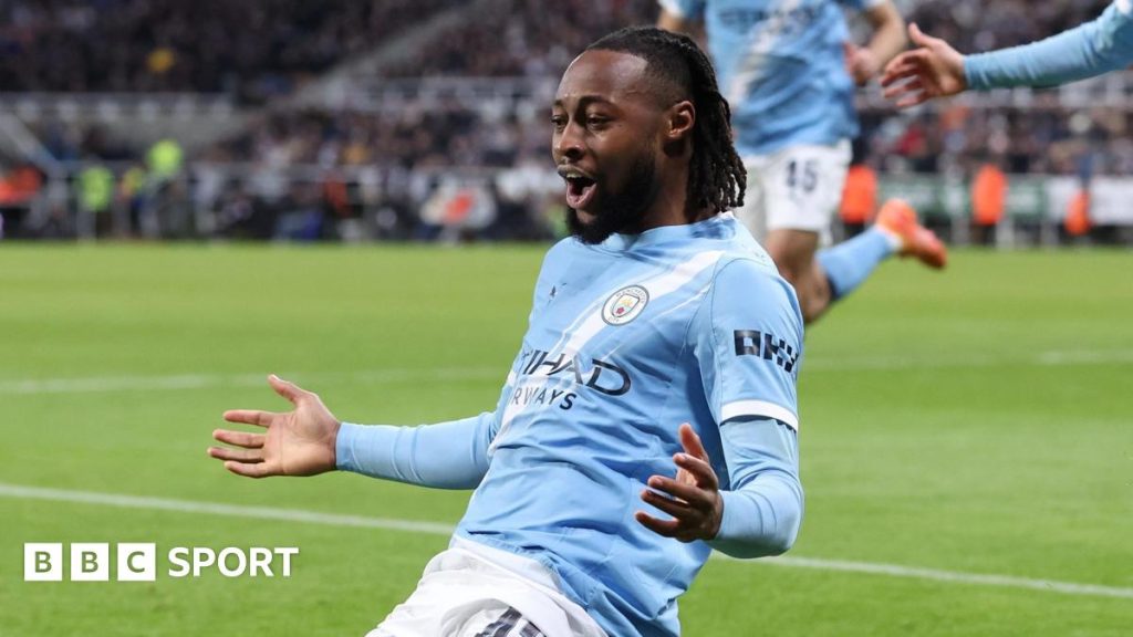 Antoine Semenyo celebrates after scoring for Manchester City against Newcastle United at St James' Park on 13 January, 2026