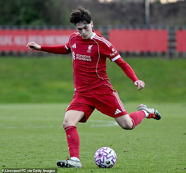 Luke Chambers, pictured training this week, made his senior debut for Liverpool as a Carabao Cup substitute in 2023