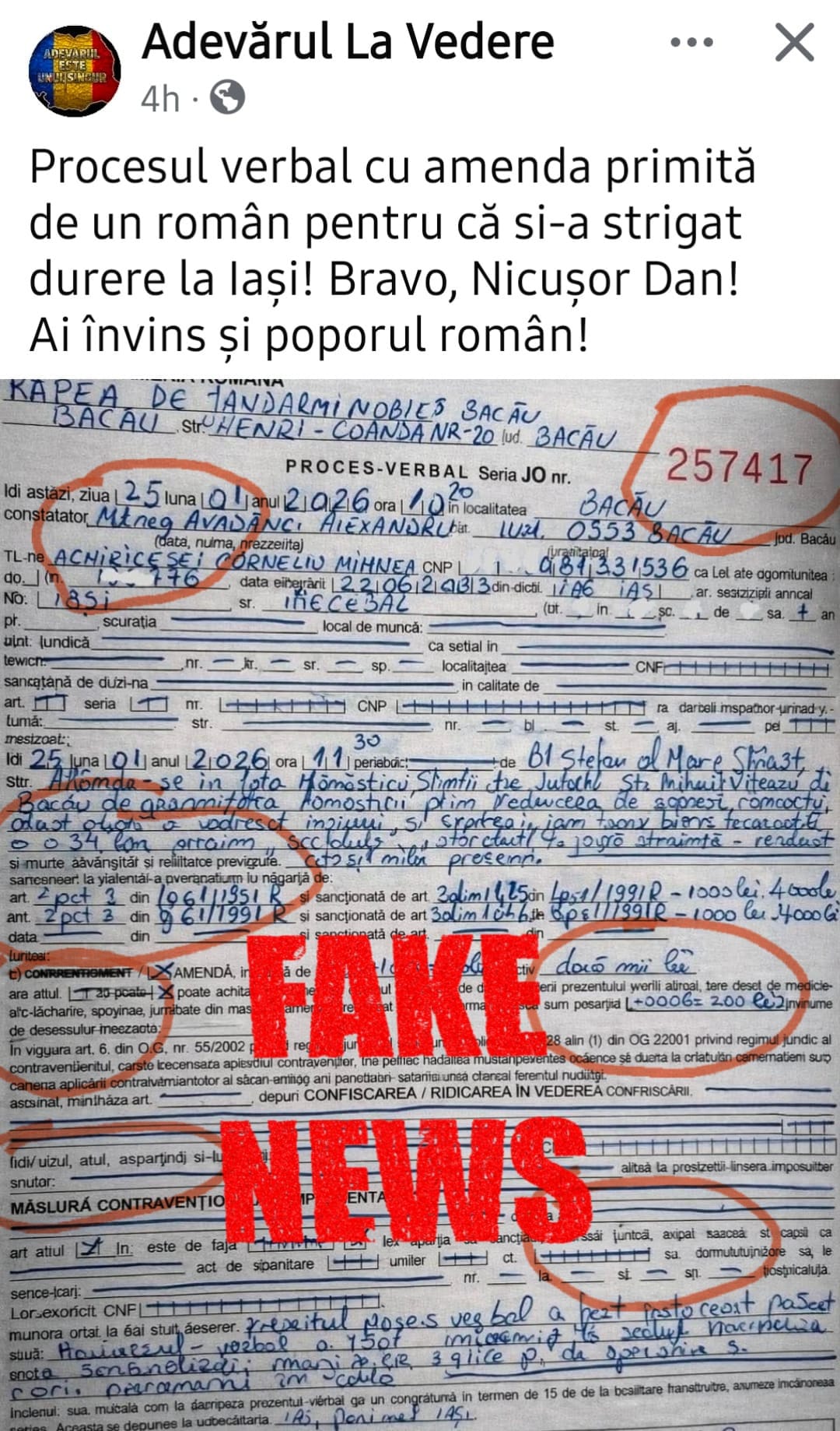 Fake news despre jandarmerie: proces-verbal fals circulă intens online după protestele din 24 ianuarie Un nou episod de dezinformare a fost semnalat în mediul online, unde au circulat fotografii și documente false atribuite Inspectoratului General de Jandarmi, legate de protestele care au avut loc pe 24 ianuarie