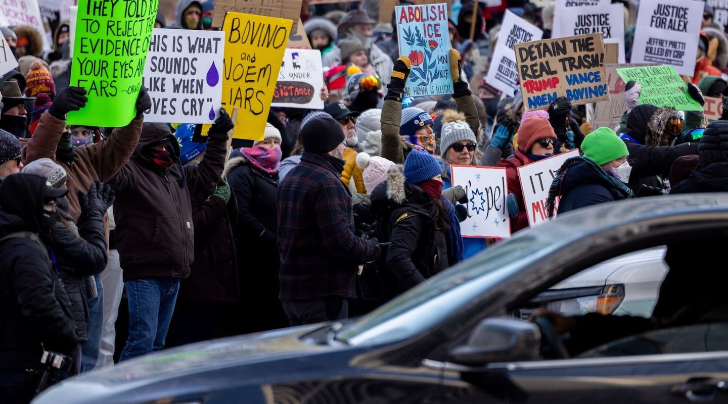 Demonstrators against the ongoing Immigration and Customs Enforcement deployment during a protest at the Government Plaza in Minneapolis on Sunday, Jan. 25, 2026.