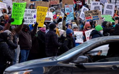 Demonstrators against the ongoing Immigration and Customs Enforcement deployment during a protest at the Government Plaza in Minneapolis on Sunday, Jan. 25, 2026.