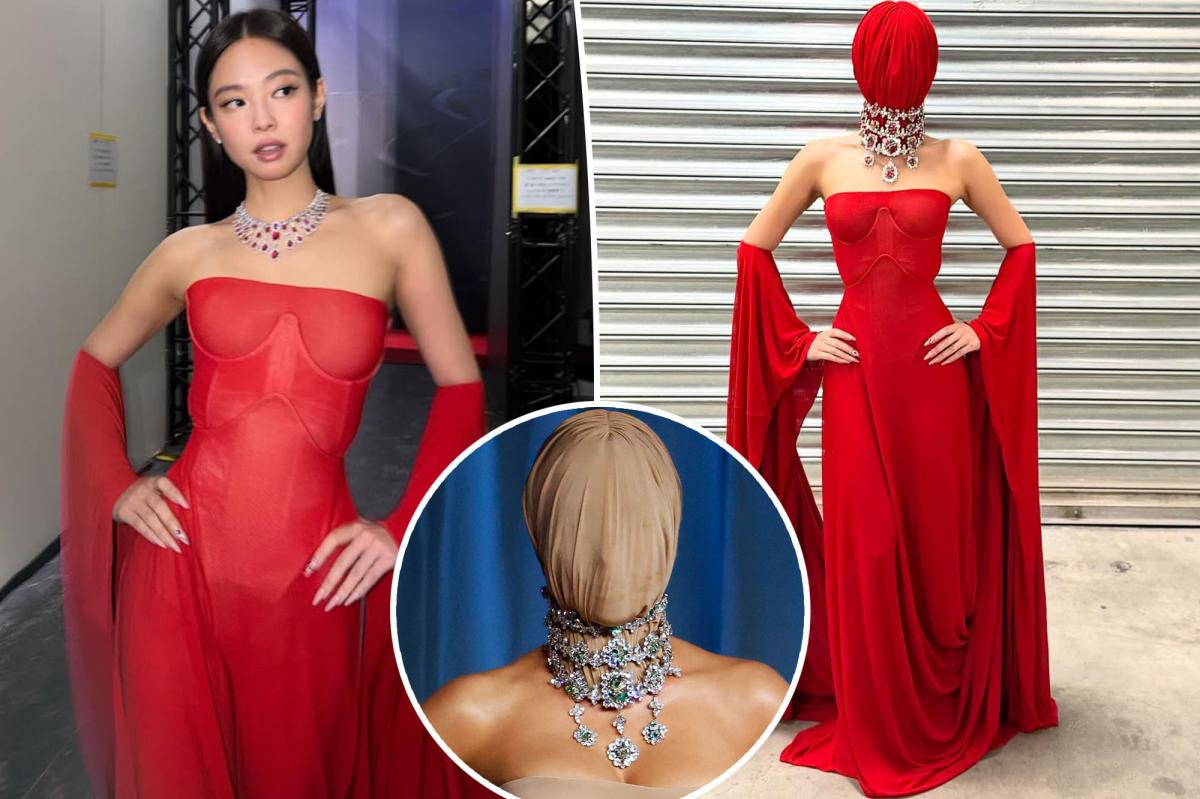 Jennie of Blackpink wears red version of Kim Kardashian's masked Margiela gown