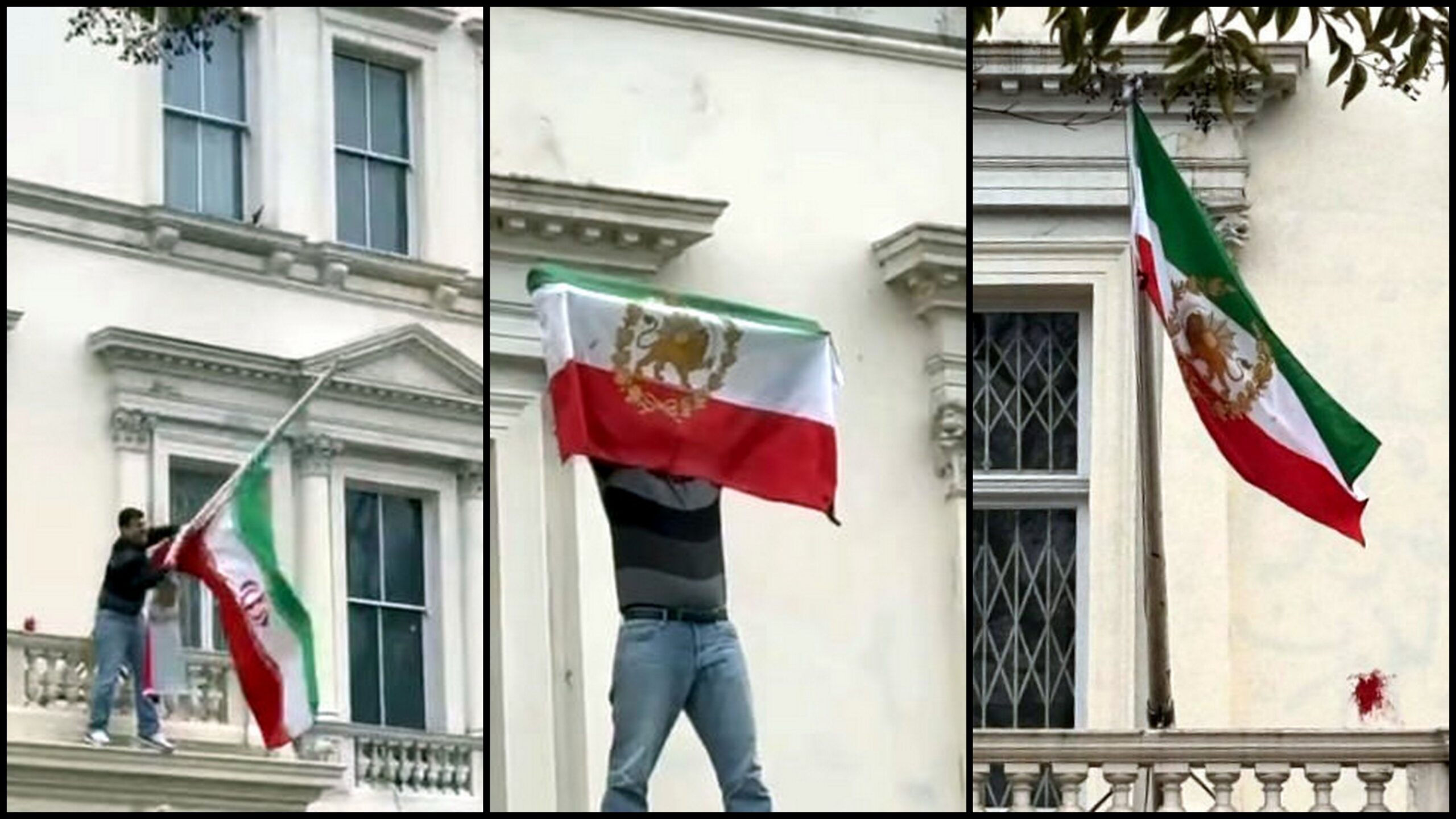 Drapelul Iranului înlocuit temporar cu cel monarhic pe frontonul ambasadei de la Londra, într-o manifestație de protest O manifestație neașteptată a avut loc sâmbătă noapte în fața ambasadei Iranului din Londra, unde demonstranți au devenit piese de teatru într-un spectacol simbolic al frământărilor interne ale regimului islamic
