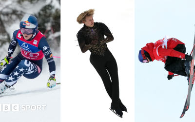 Lindsey Vonn skiing, Ilia Maninin performs figure skating trick and Eileen Gu does freestyle skiing trick