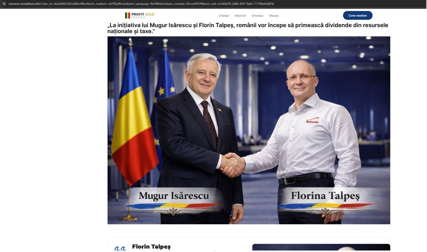 Atenție, înșelătorie online: atacatorii folosesc imaginea lui Mugur Isărescu și a Bitdefender pentru a fura bani O nouă campanie de înșelăciune online vizează românii, folosind imaginea guvernatorului Băncii Naționale a României, Mugur Isărescu, dar și a companiei de securitate informatică Bitdefender, pentru a atrage victimele în scheme investiționale frauduloase
