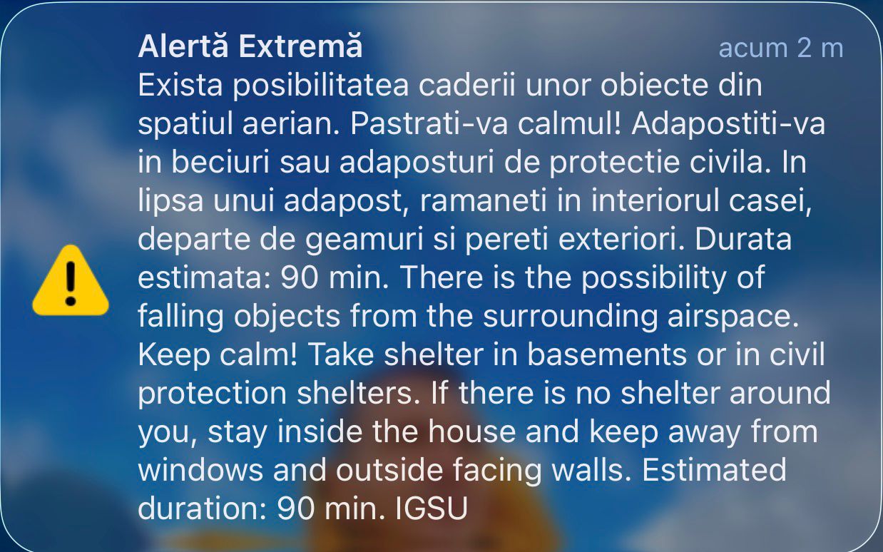 Alertă RO-Alert în Tulcea: Riscul căderii de obiecte din spațiul aerian Inspectoratul General pentru Situații de Urgență (IGSU) a emis un mesaj RO-Alert pentru zona de nord a județului Tulcea, avertizând locuitorii cu privire la posibilitatea căderii de obiecte din spațiul aerian