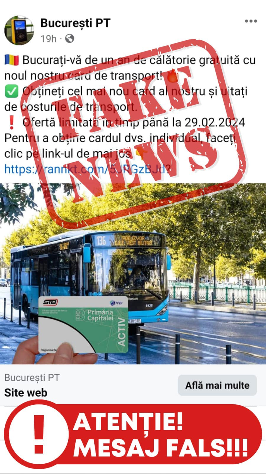 STB avertizează călătorii cu privire la campaniile false online Compania de Transport București (STB) trage un semnal de alarmă cu privire la apariția unor campanii false de tip „premiu” sau „card gratuit” care circulă în mediul online
