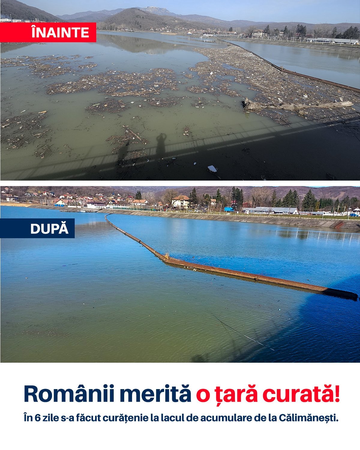 Lacul de acumulare Călimănești, curățat în șase zile după sesizare Ministrul Mediului, Diana Buzoianu, a anunțat pe rețelele de socializare finalizarea operațiunii de curățare a lacului de acumulare Călimănești, în județul Vâlcea