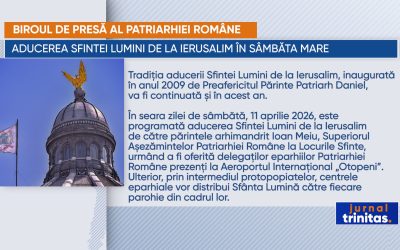 Sfânta Lumină de la Ierusalim, așteptată în România în Sâmbăta Mare București – Tradiția aducerii Sfintei Lumini de la Ierusalim în România va continua și în acest an, conform unui comunicat emis astăzi de Biroul de presă al Patriarhiei Române