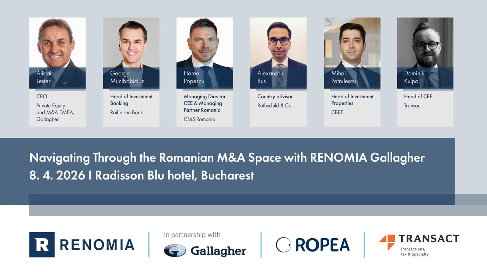 Evenimentul „Navigating Through the Romanian M&A Space” promite discuții despre viitorul fuziunilor și achizițiilor București, 22 Aprilie 2024 – Renomia Gallagher, cu sprijinul BusinessMark, anunță organizarea evenimentului „Navigating Through the Romanian M&A Space with Renomia Gallagher”