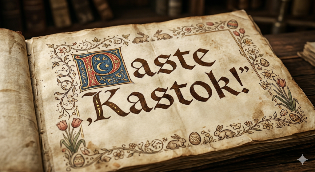 Hristos a Înviat, în diverse limbi: ”Paste Kastok!” înseamnă