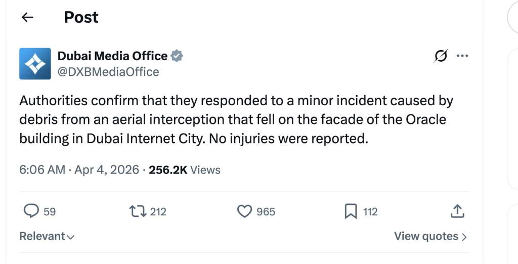 Un birou al companiei americane ORACLE din DUBAI a fost avariat duminică, în urma căderii de resturi, potrivit unei declarații oficiale