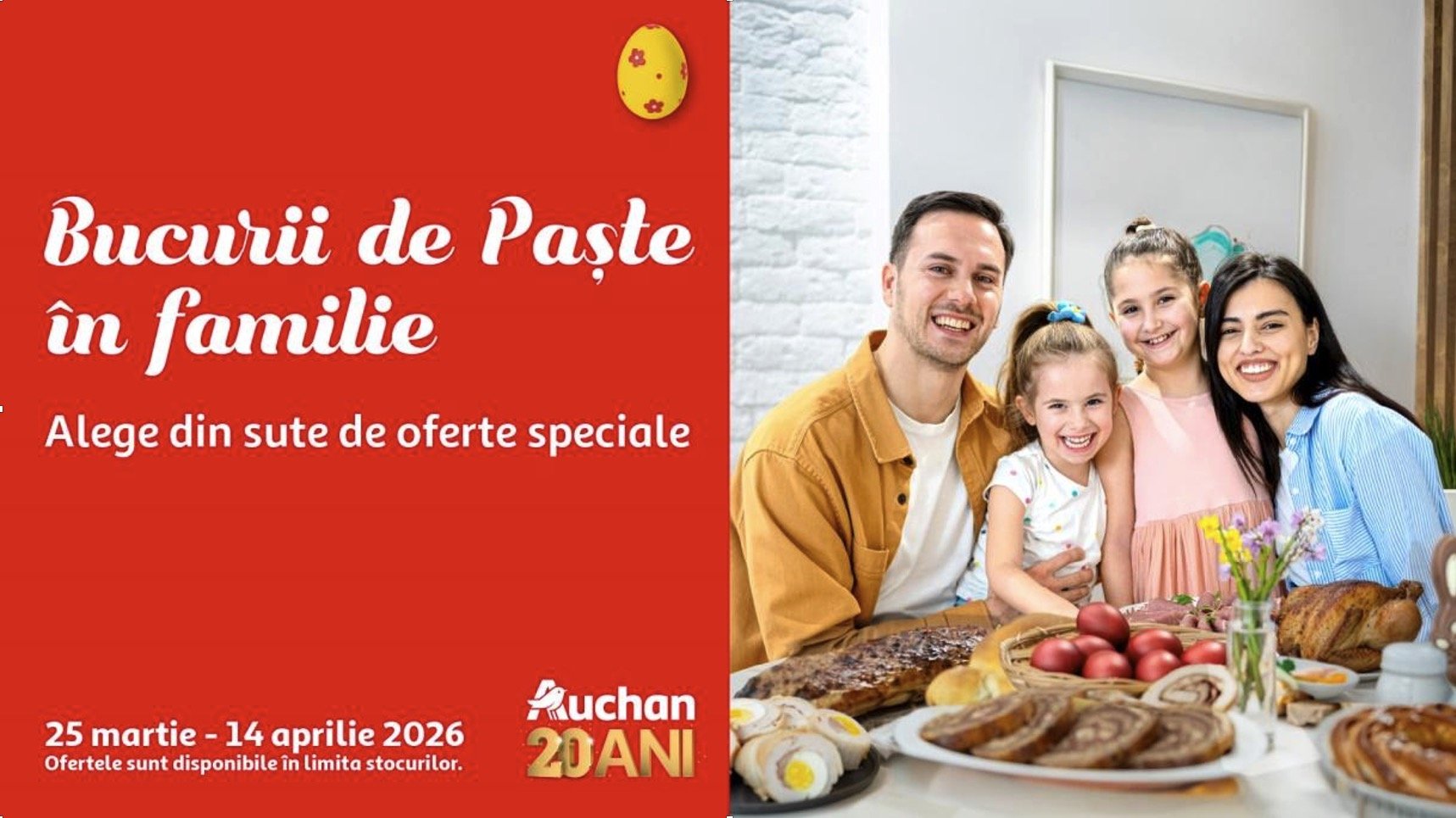 Primăvara aceasta, Auchan își așteaptă clienții cu o gamă variată de produse pentru a celebra Paștele, de la ingrediente pentru preparate tradiționale, până la decorațiuni specifice și oferte speciale
