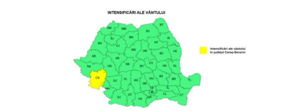 VÂNT-FURTUNĂ în Caraș-Severin: Alertă meteo Cod Galben până miercuri