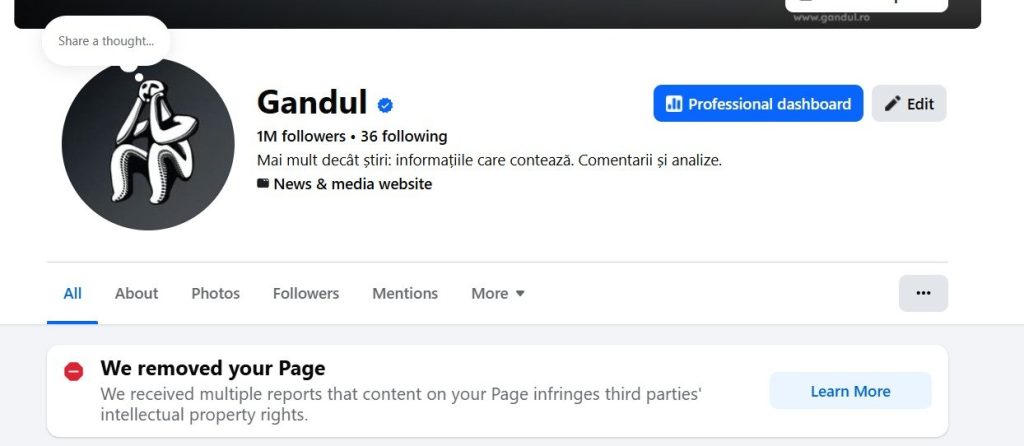 Gândul, victima Facebook: Pagina cu 1 milion de urmăritori, închisă!