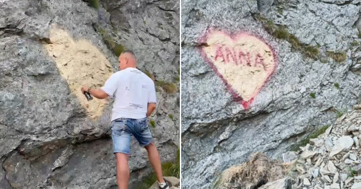 Transfăgărășan: Stâncă vandalizată. Polițistul explică „Dar ce a făcut?”