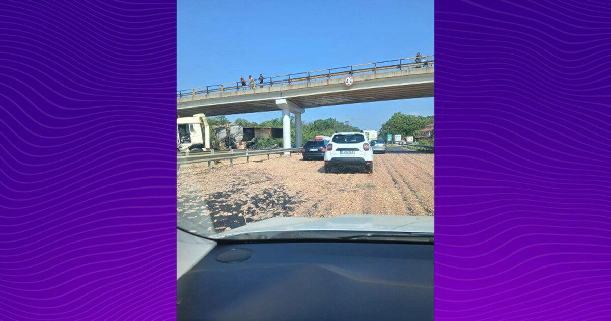 Haos pe A1: TIR cu pui răsturnat, marfă pe asfalt