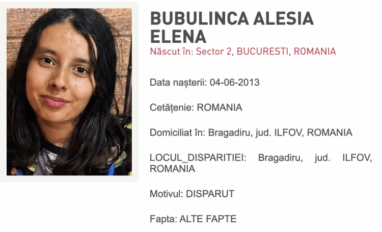 Alesia Bubulincă, căutată Ro-Alert